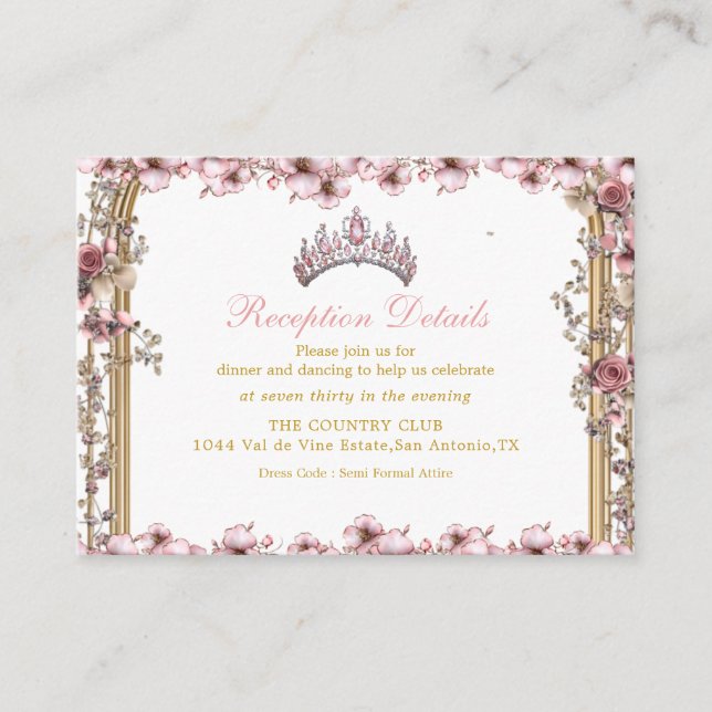 Pink Golden Tiara Floral Quinceañer Enclosure Card (Front)