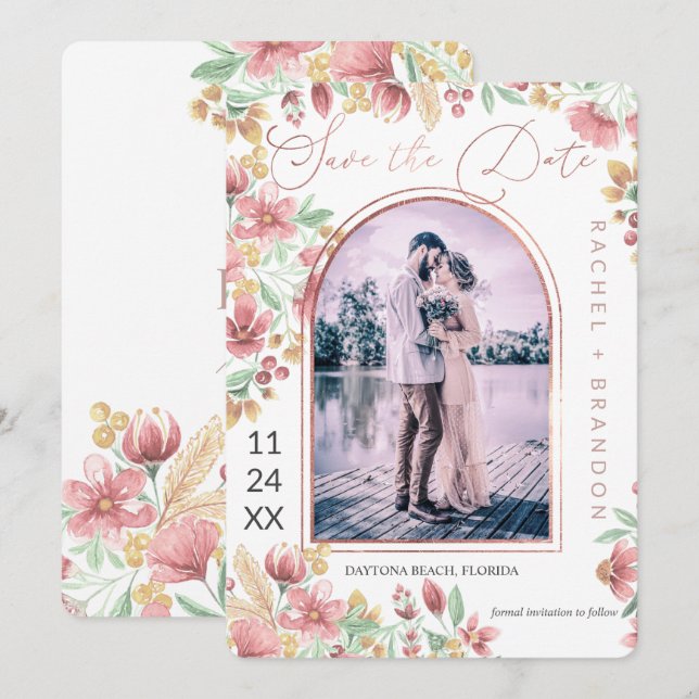 Pink Golden Yellow Floral Arch Photo Wedding Save The Date (Front/Back)