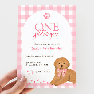 Pink Goldendoodle Dog One Golden Year birthday Invitation