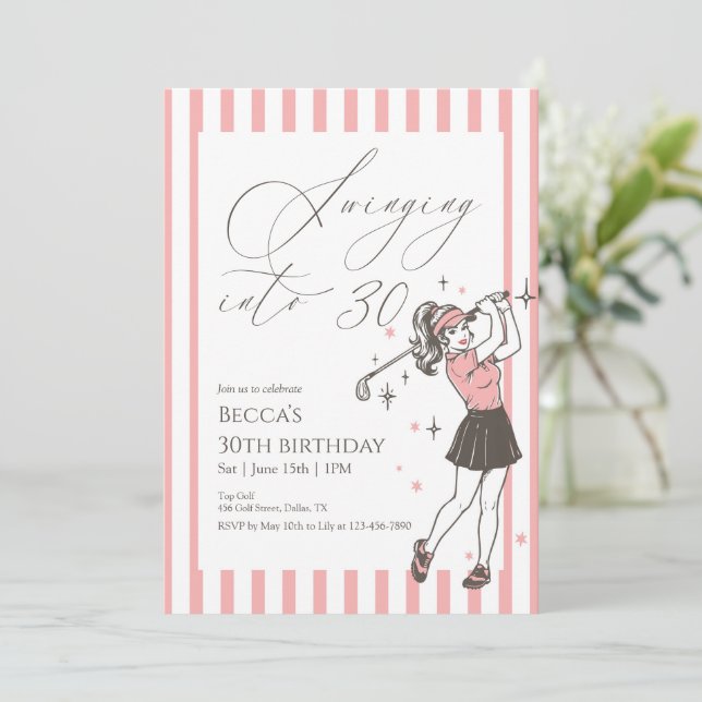 Pink Golf 30th Birthday Party Swinging Into 30 Invitation (Standing Front)