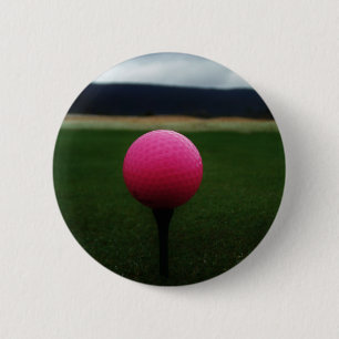 Pink Golf Ball on a mountain golf course 6 Cm Round Badge