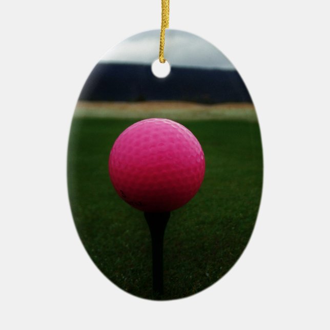 Pink Golf Ball on a mountain golf course Ceramic Tree Decoration (Front)
