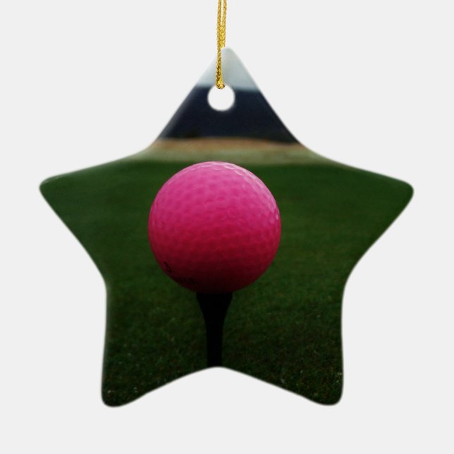 Pink Golf Ball on a mountain golf course Ceramic Tree Decoration (Front)
