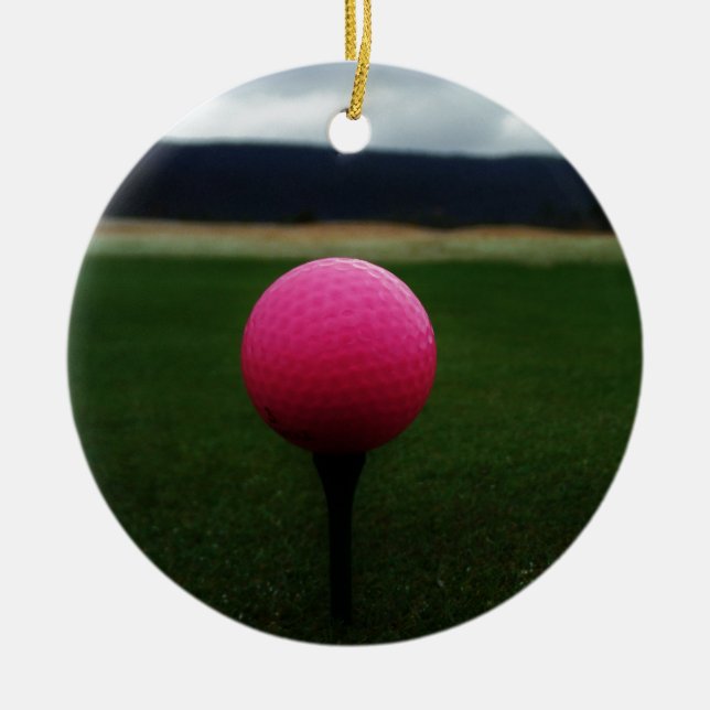 Pink Golf Ball on a mountain golf course Ceramic Tree Decoration (Front)