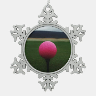 Pink Golf Ball on a mountain golf course Snowflake Pewter Christmas Ornament