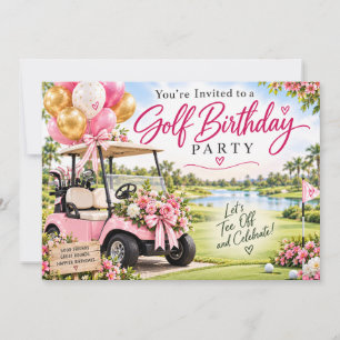 Pink Golf Birthday Party Golf Cart Floral Invitation