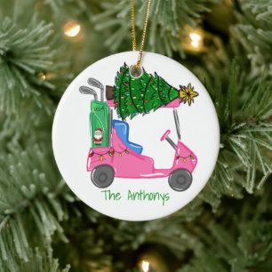 Pink Golf Cart Christmas Tree & Santa Golf Bag Ceramic Tree Decoration