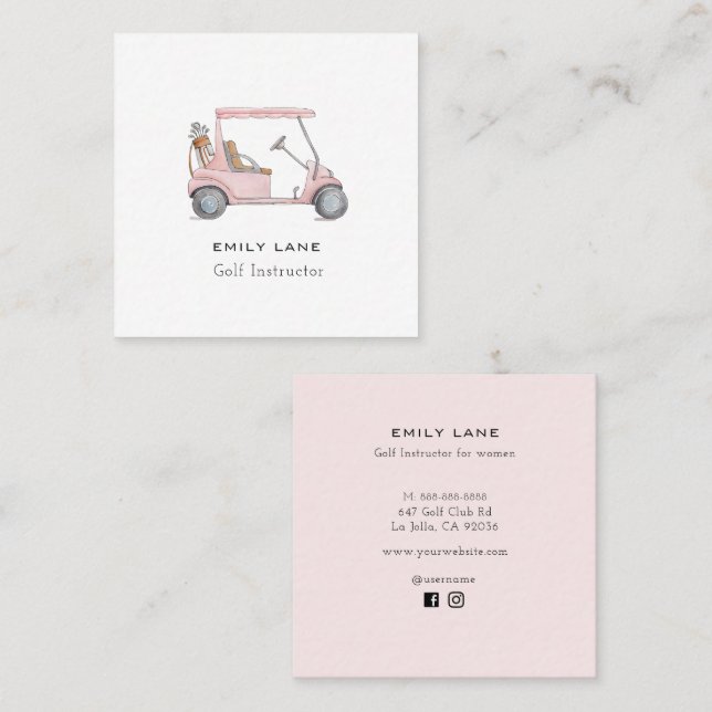Pink Golf Cart Female Golf Instructor Golf pro Square Business Card (Front/Back)