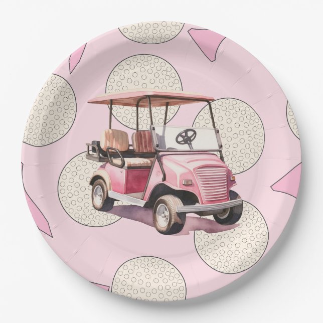 Pink golf cart for woman player paper plate (Front)