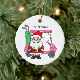 Pink Golf Cart Santa Personalised Christmas Ceramic Tree Decoration