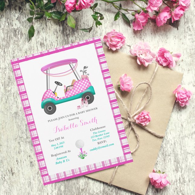 Pink Golf Cart With Baby Supplies Baby Shower Invitation (Creator Uploaded)