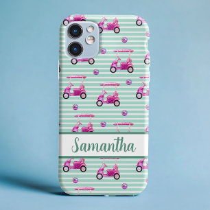 Pink Golf Carts Teal Striped Personalised Golfing iPhone 16 Case
