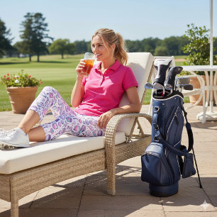 Pink Golf Gear Icons on White Lady Golfer  Capri Leggings