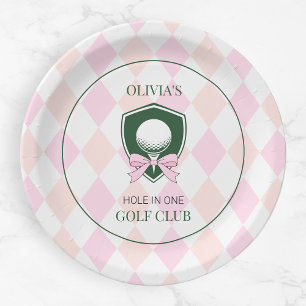 Pink Golf Hole in One Girl Sports 1st Birthday Paper Plate