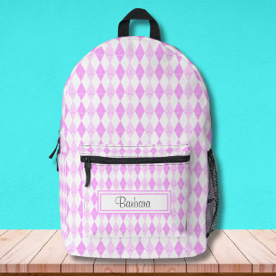 Pink Golf Themed Argyle Pattern Personalised Printed Backpack