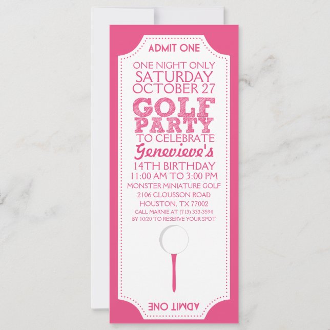 Pink Golf Ticket Golf Birthday Party Invitation (Front)