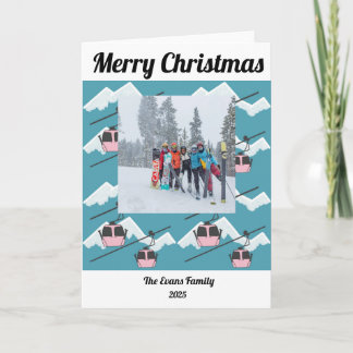 Pink gondolas on blue mountains with snow card