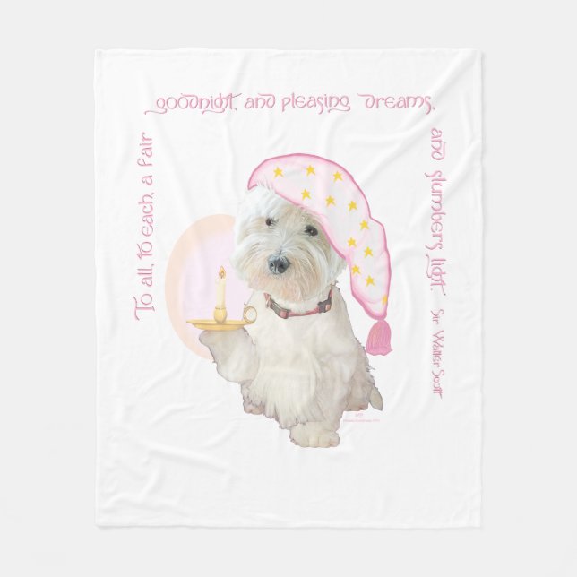 Pink Goodnight Westie with Candle Fleece Blanket (Front)