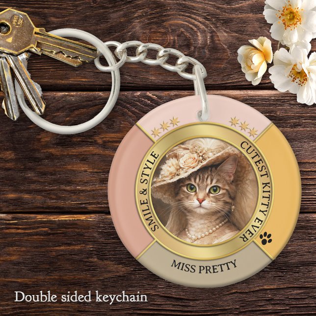 Pink Gorgeous Chic Cat Photo  Key Ring (Elegant feminine keychain featuring your custom cat photo framed by pink terra cotta and gold design)