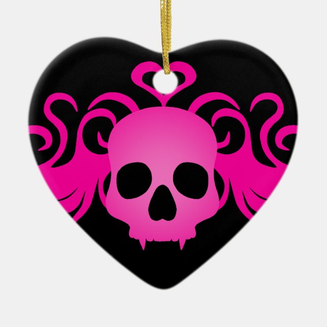 Pink goth fanged skull romantic ceramic tree decoration (Front)