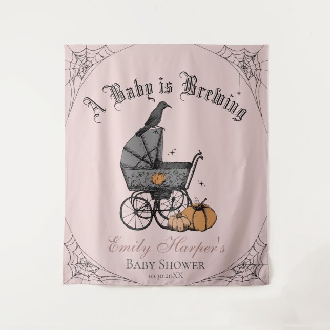 Pink Gothic A Baby is Brewing Baby Shower Backdrop Tapestry (Front)