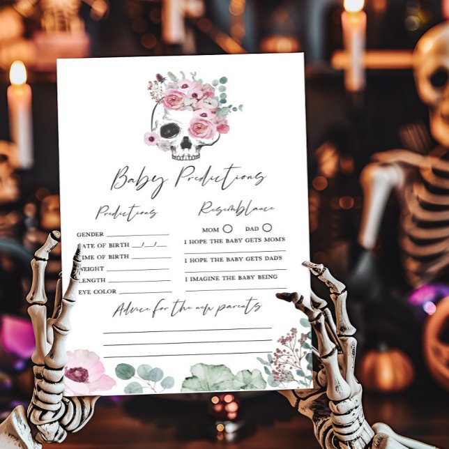 Pink Gothic Floral Skull Baby Predictions Game (Floral Skull Baby Shower Baby Predictions Game)