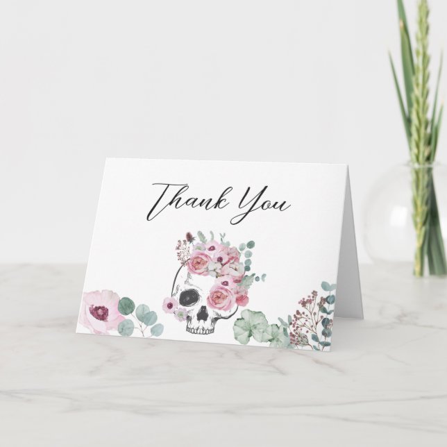 Pink Gothic Floral Skull Baby Shower Thank You Card (Front)