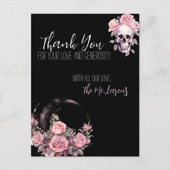 Pink Gothic Floral Wedding Postcard Thank You (Front)