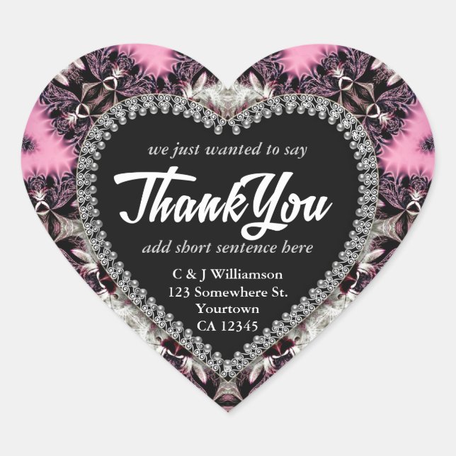 Pink Gothic Mediaeval Thank You Heart Stickers (Front)