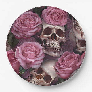Pink Gothic Party Supplies Skull Floral Vintage Paper Plate