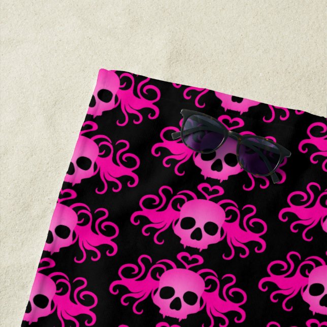 Pink Gothic skull pattern Beach Towel (In Situ)