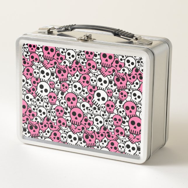 Pink Gothic Skull Pattern Print Metal Lunch Box (Front)