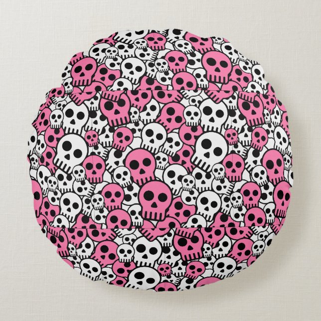 Pink Gothic Skull Pattern Print Round Cushion (Front)