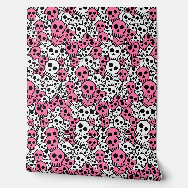 Pink Gothic Skull Pattern Print Wallpaper (Unrolling)