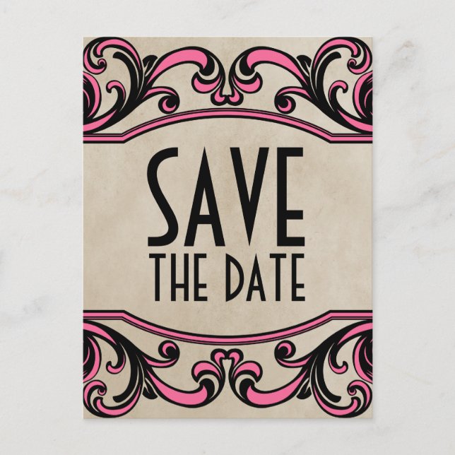 Pink Gothic Swirls Save the Date Postcard (Front)