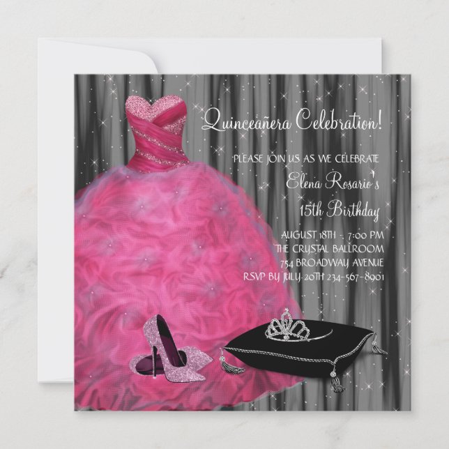 Pink Gown High Heel Shoes Hot Pink Quinceanera Invitation (Front)