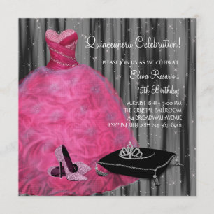 Pink Gown High Heel Shoes Hot Pink Quinceanera Invitation