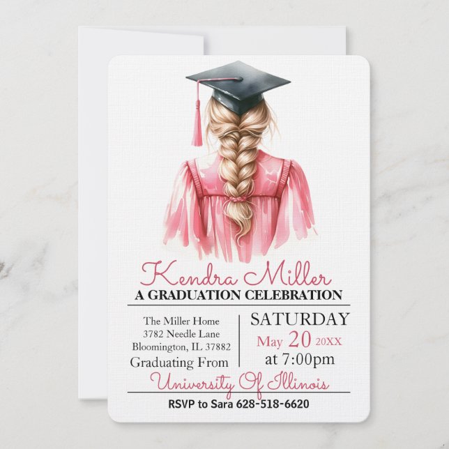 Pink Gown Watercolor Graduation Invitation (Front)