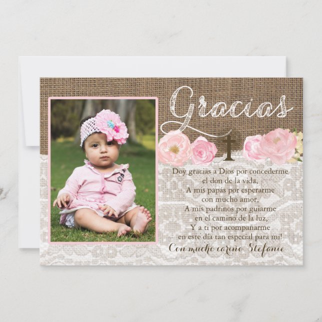 Pink Gracias Bautizo Baptism thank you Girl Card (Front)