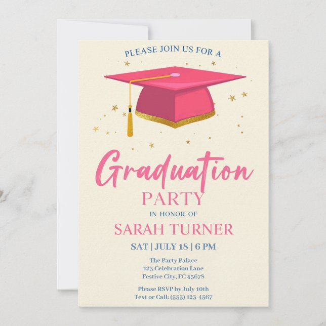  Pink Grad Cap Minimalist Graduation Party Invitation (Front)