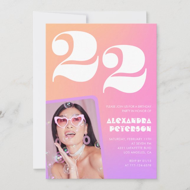 Pink Gradient 22nd birthday invitation Retro Photo (Front)