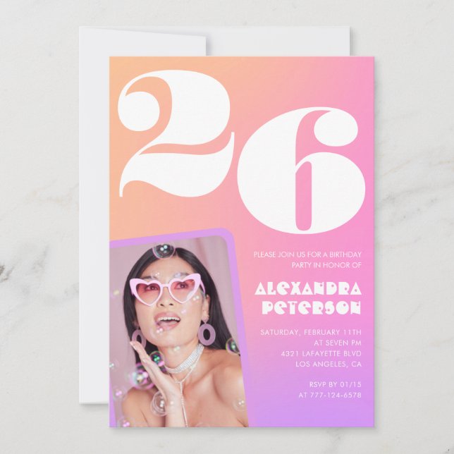 Pink Gradient 26th birthday invitation Retro Photo (Front)