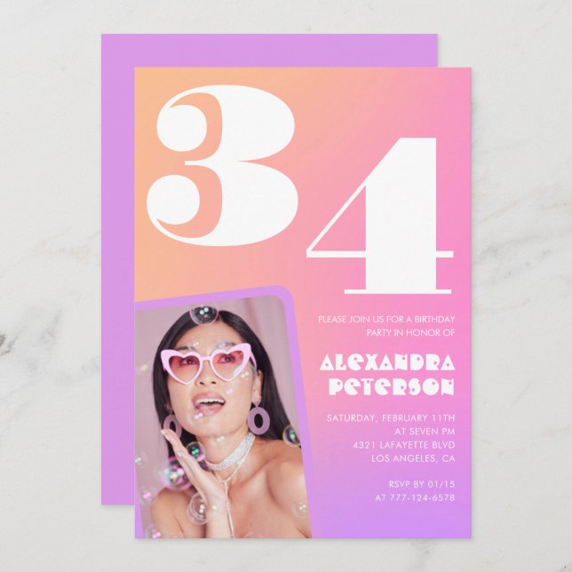 Pink Gradient 34th birthday invitation Retro Photo (Front/Back)