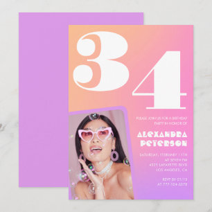 Pink Gradient 34th birthday invitation Retro Photo