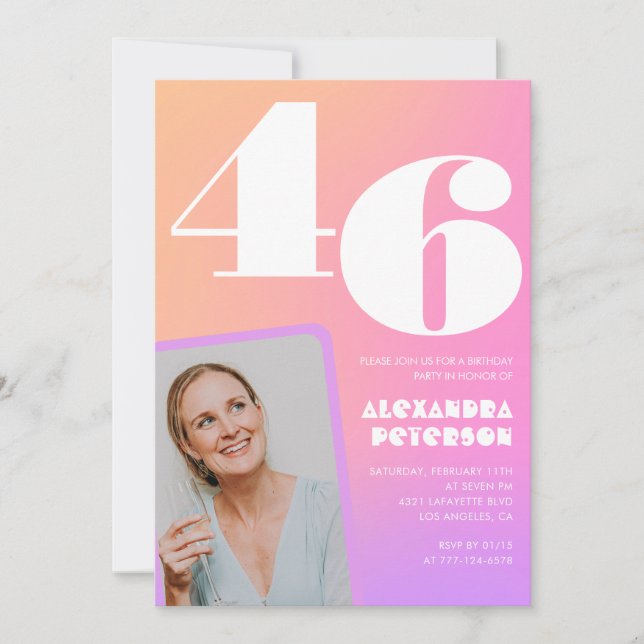 Pink Gradient 46th birthday invitation Retro Photo (Front)