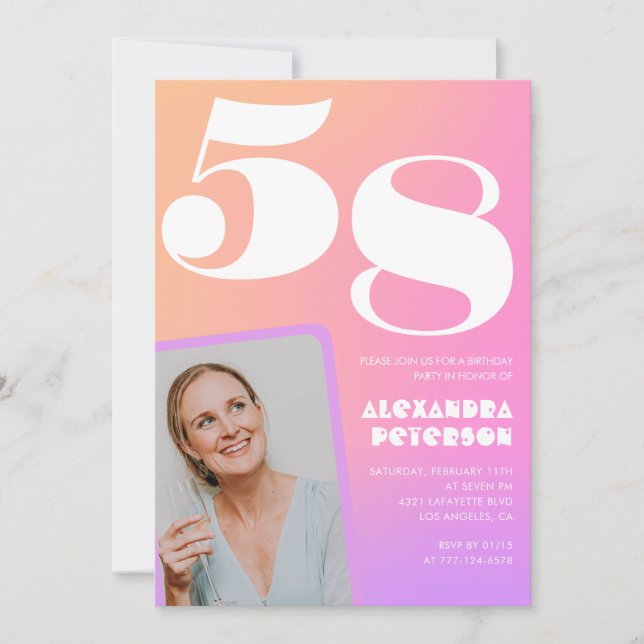 Pink Gradient 58th birthday invitation Retro Photo (Front)