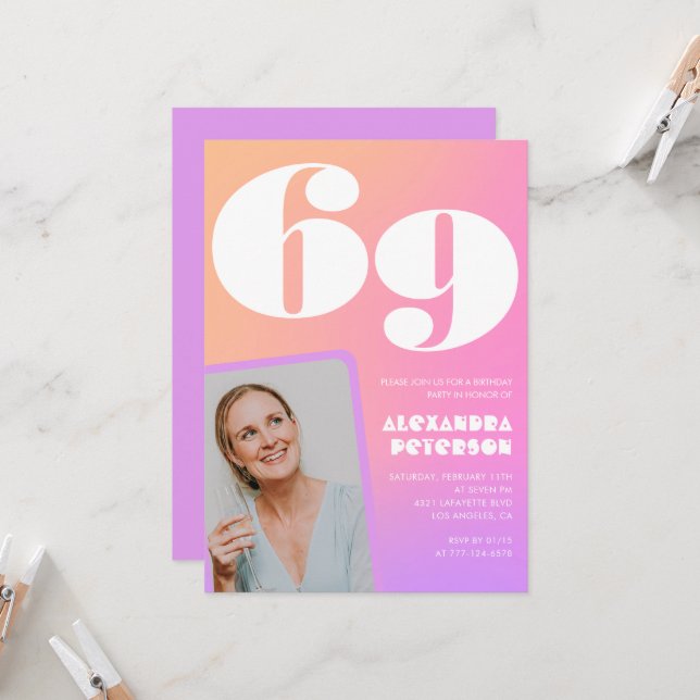 Pink Gradient 69th birthday invitation Retro Photo (Front/Back In Situ)