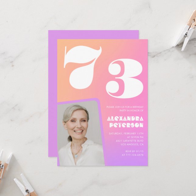 Pink Gradient 73rd birthday invitation Retro Photo (Front/Back In Situ)