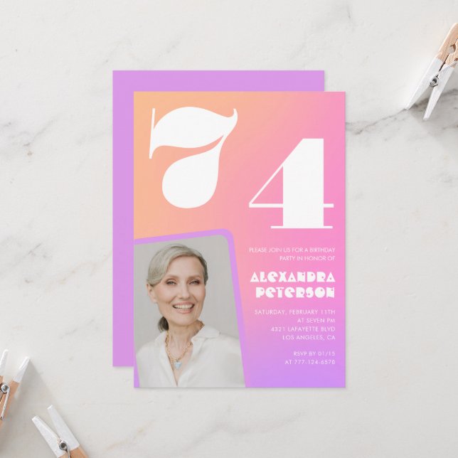 Pink Gradient 74th birthday invitation Retro Photo (Front/Back In Situ)