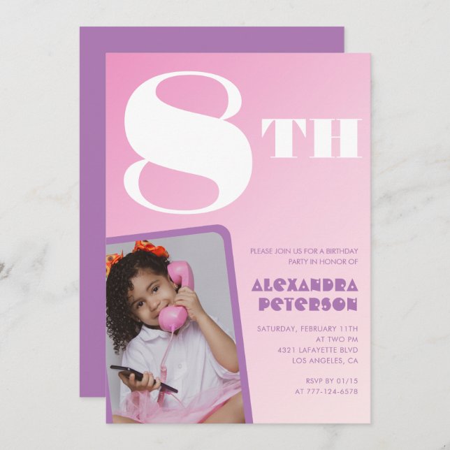 Pink Gradient 8th birthday invitations Girl Photo (Front/Back)